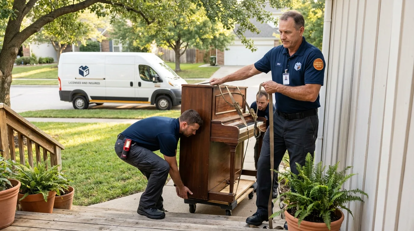 Licensed piano movers securing grand piano in McKeesport, PA