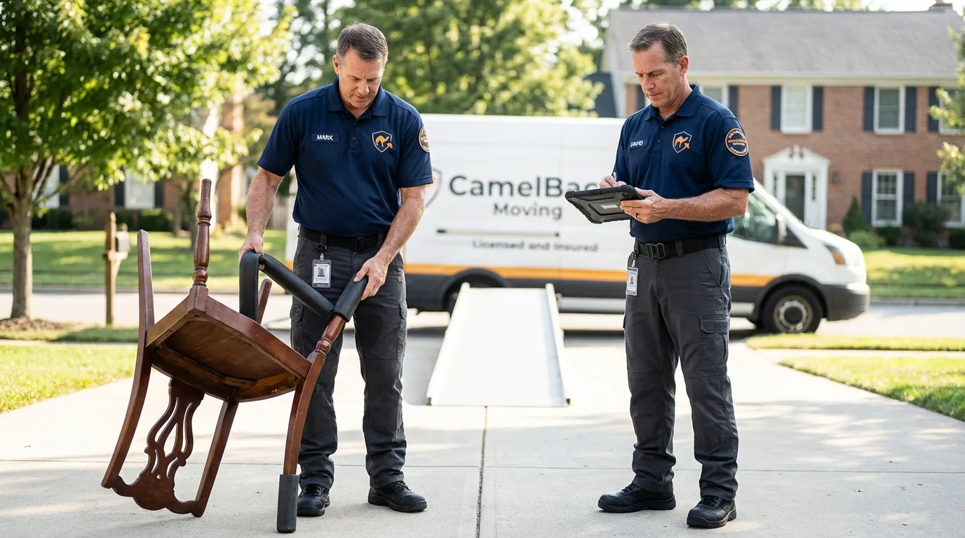 Movers inspecting furniture for damage prevention before loading in McKeesport, PA