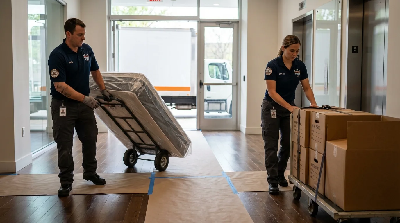 Professional apartment movers loading elevator in McKeesport, PA